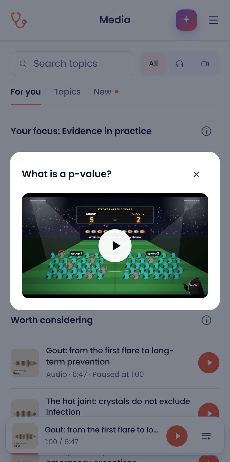 The Media page's film player open on What is a p-value?